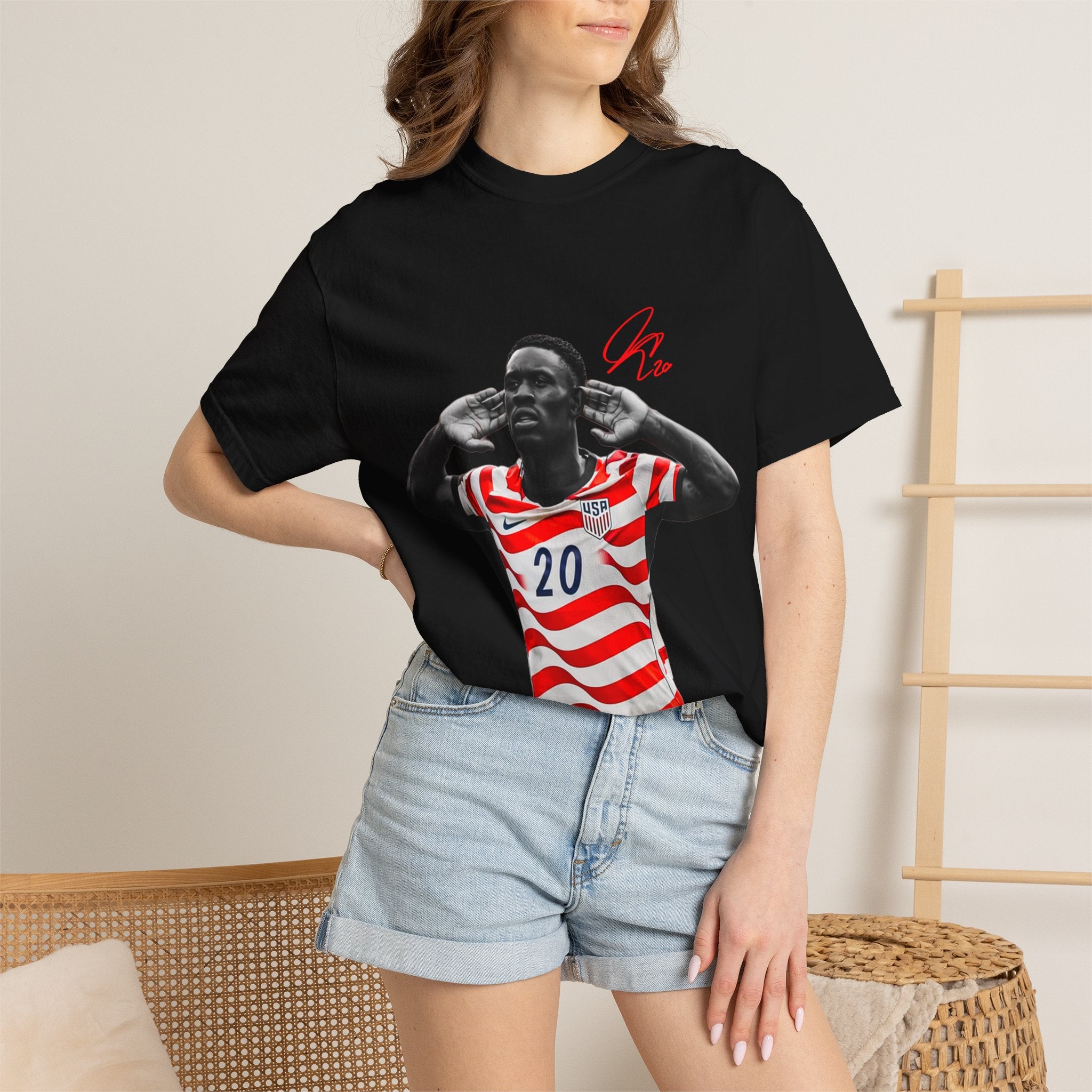Soccer Celebration Tee — Striped Jersey Player Graphic