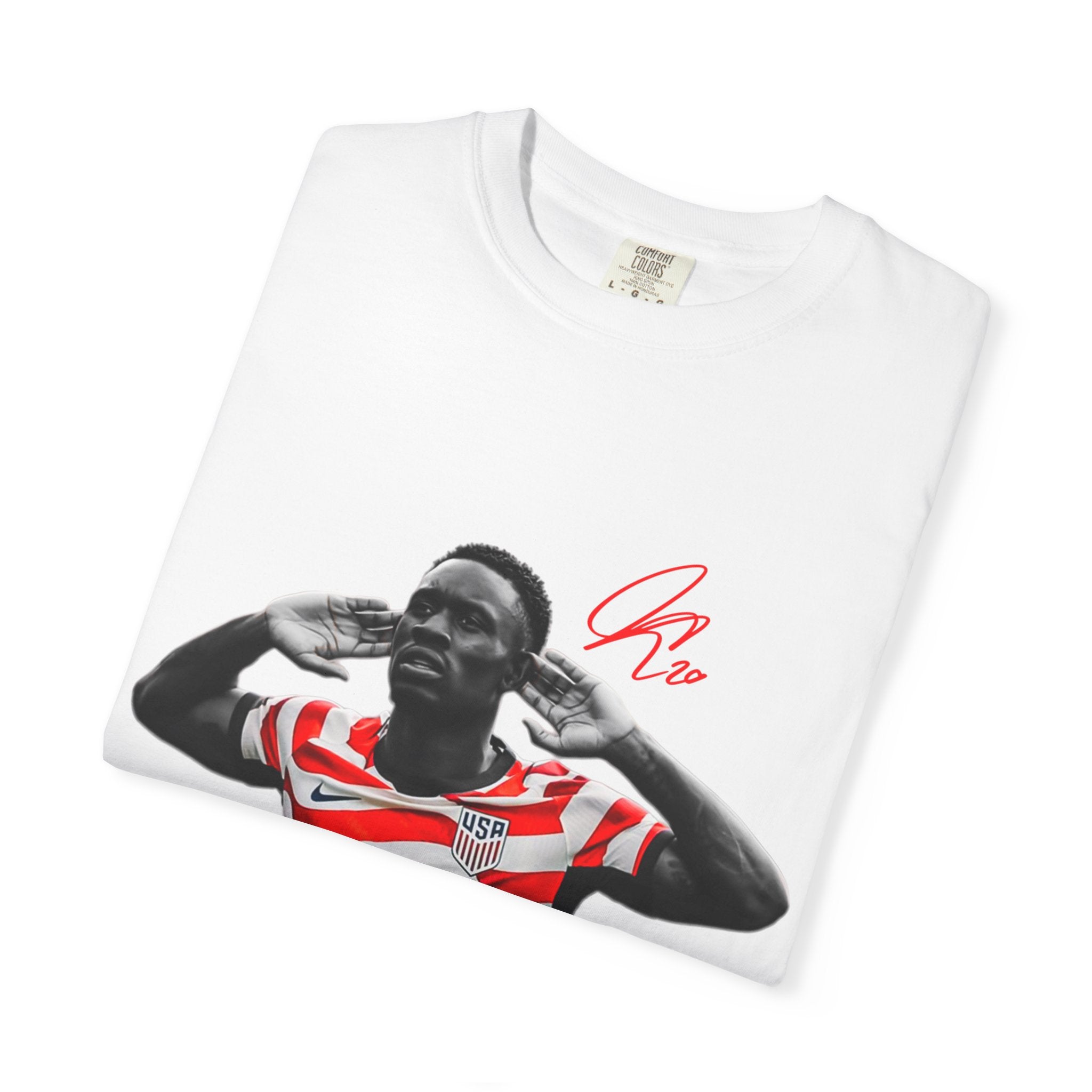 Soccer Celebration Tee — Striped Jersey Player Graphic