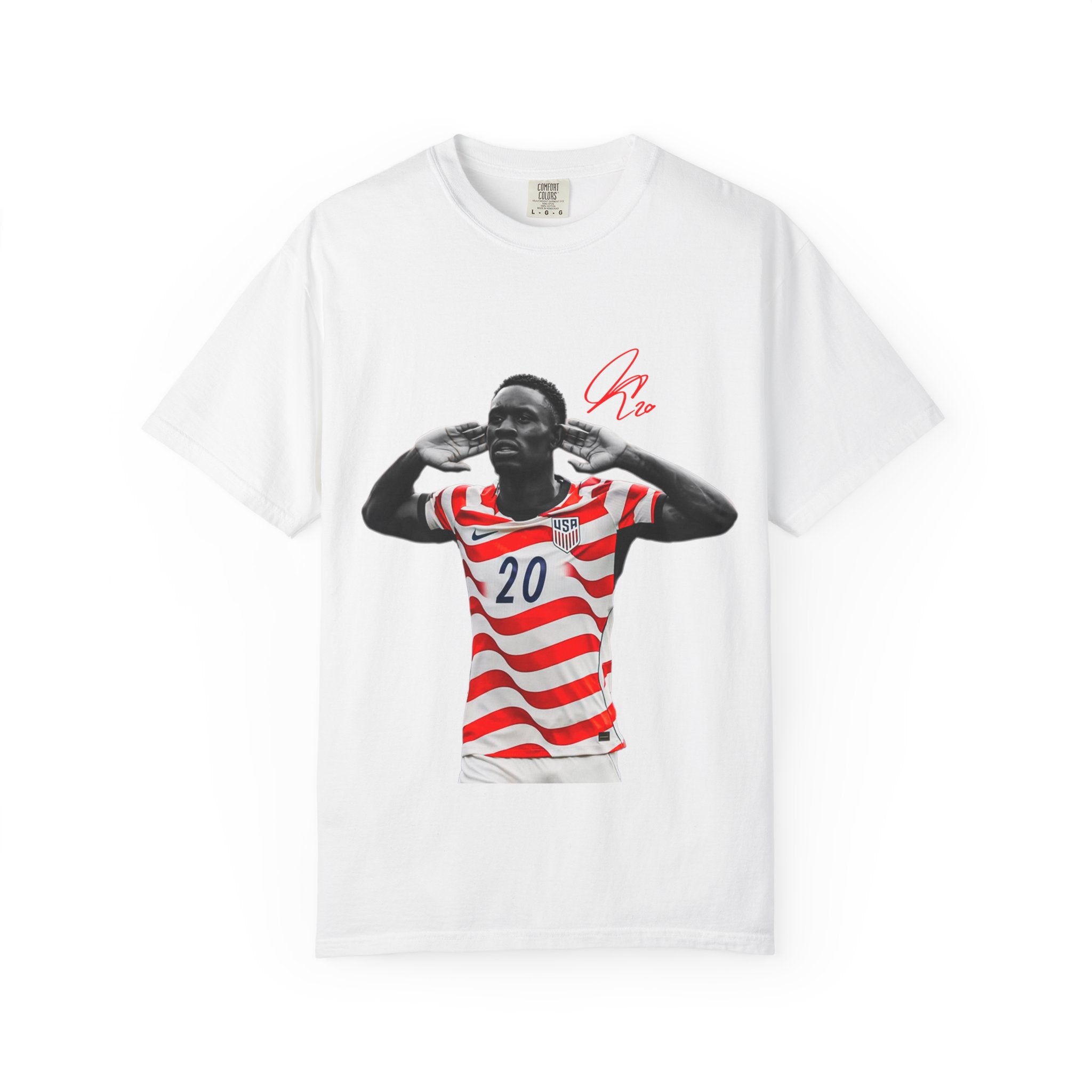 Soccer Celebration Tee — Striped Jersey Player Graphic