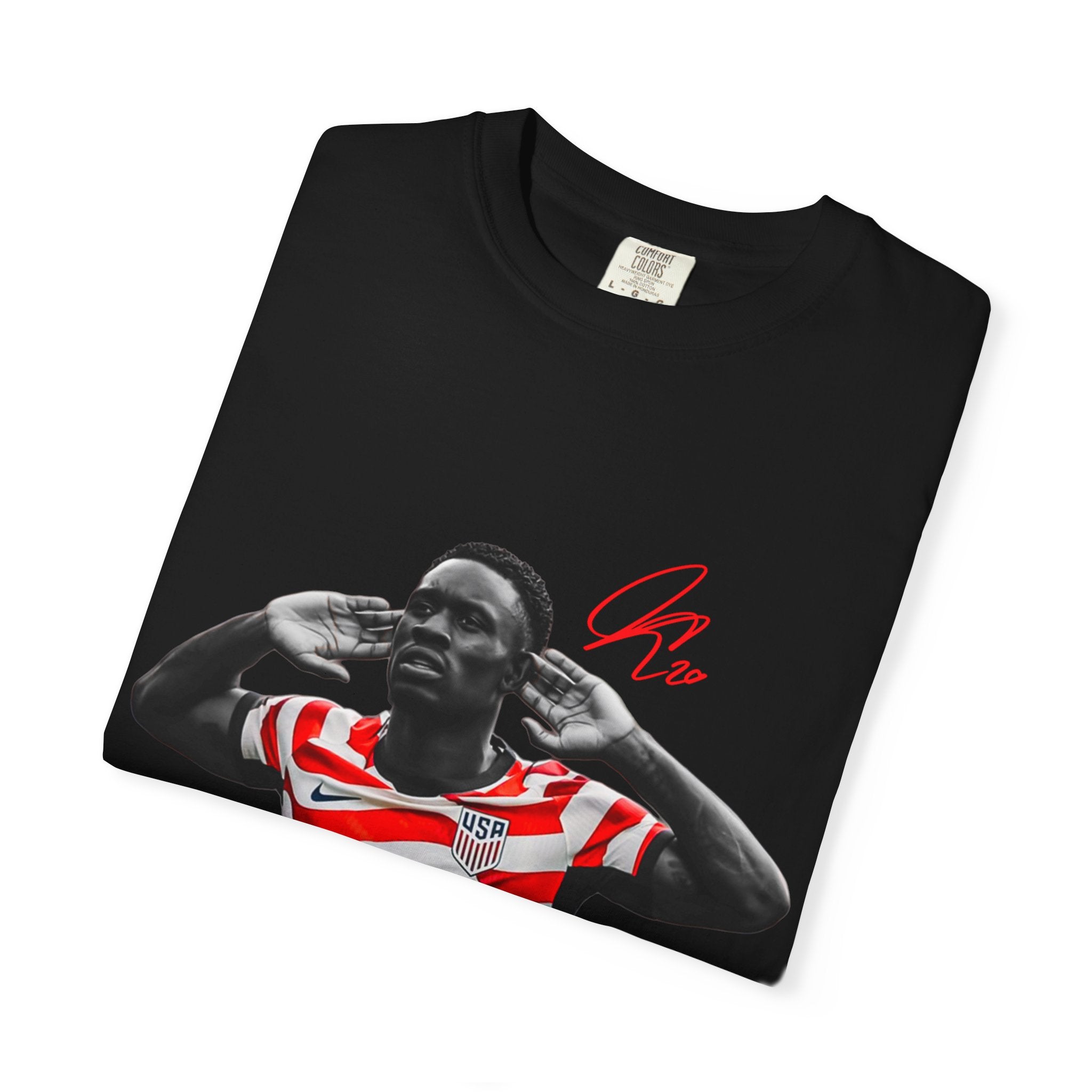 Soccer Celebration Tee — Striped Jersey Player Graphic
