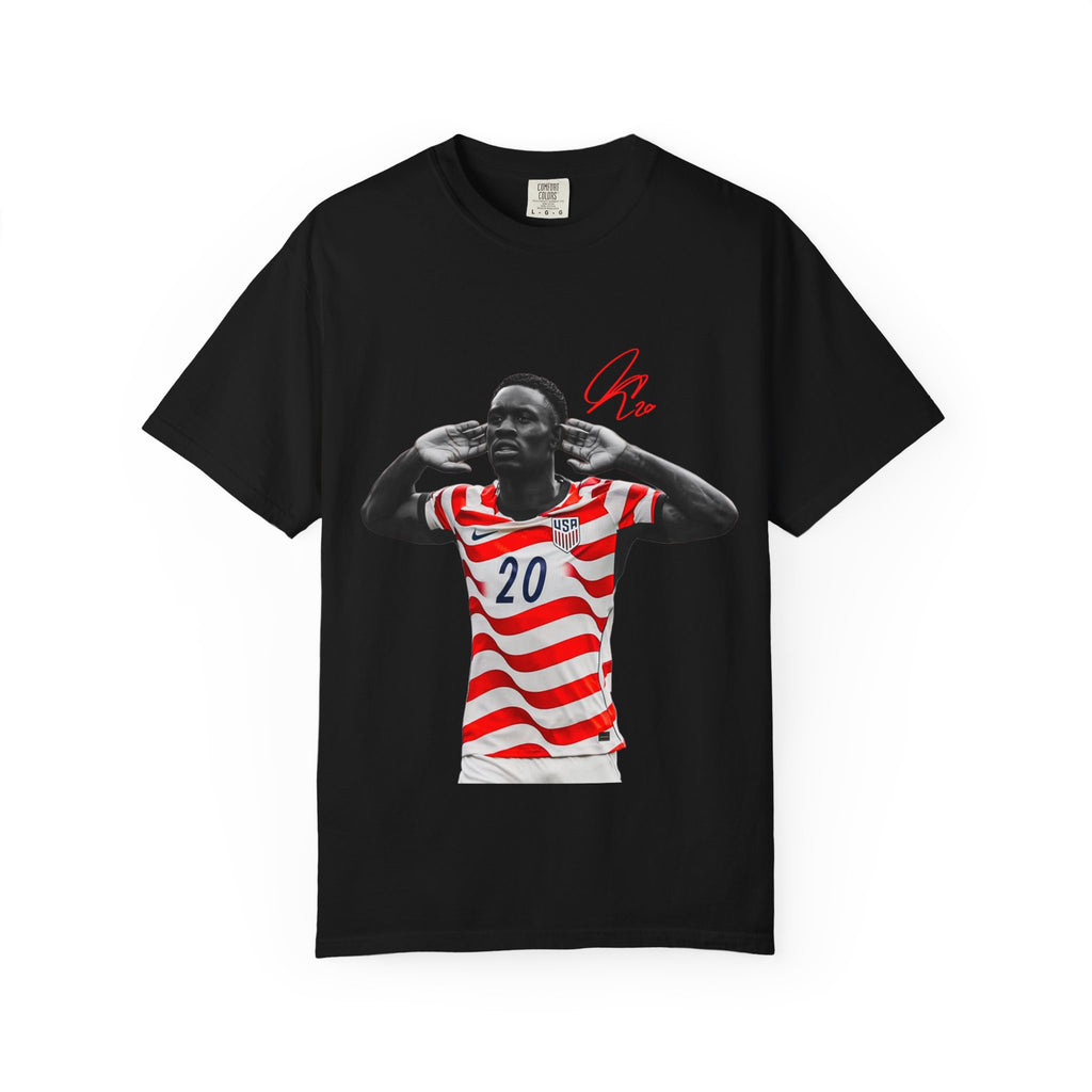 Soccer Celebration Tee — Striped Jersey Player Graphic
