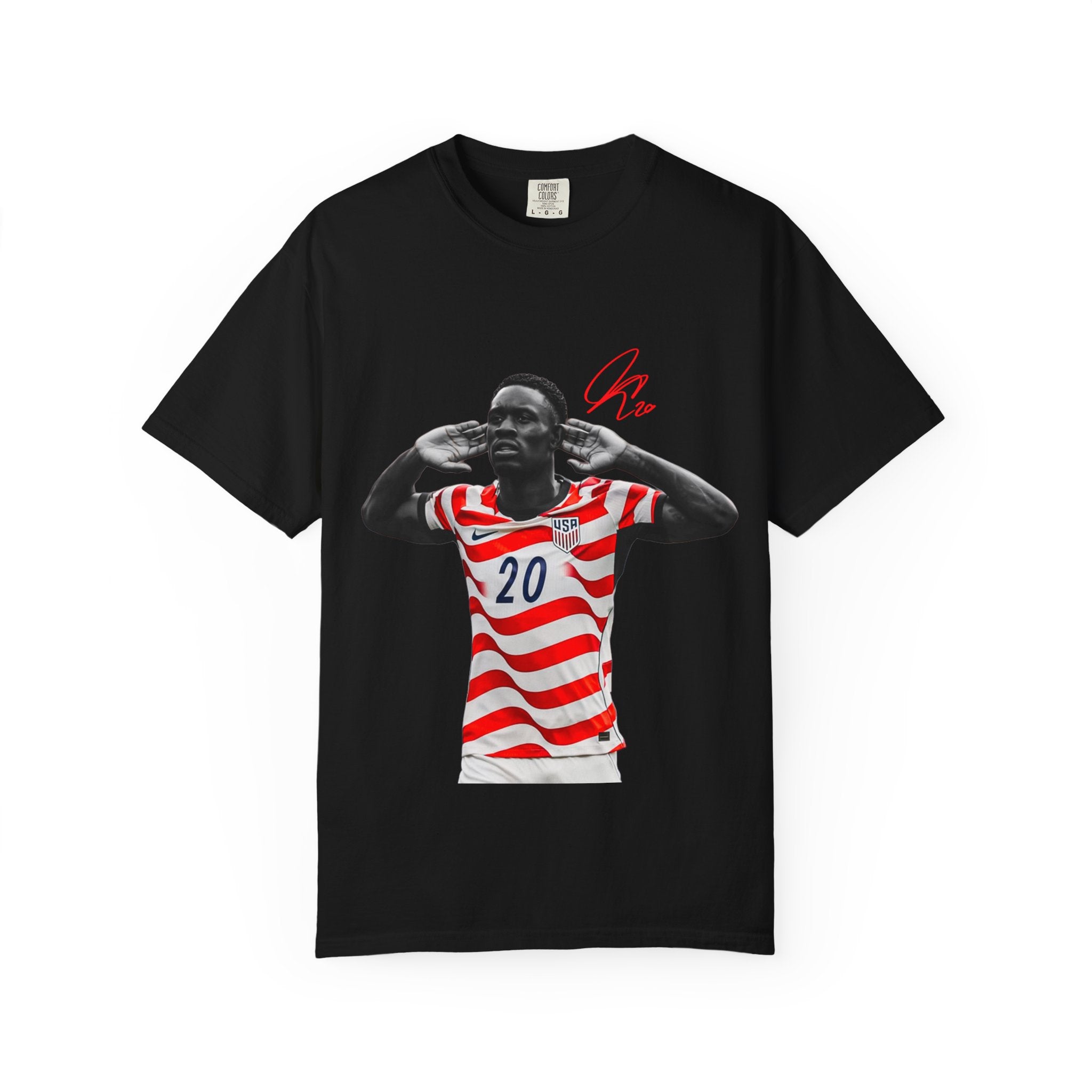 Soccer Celebration Tee — Striped Jersey Player Graphic