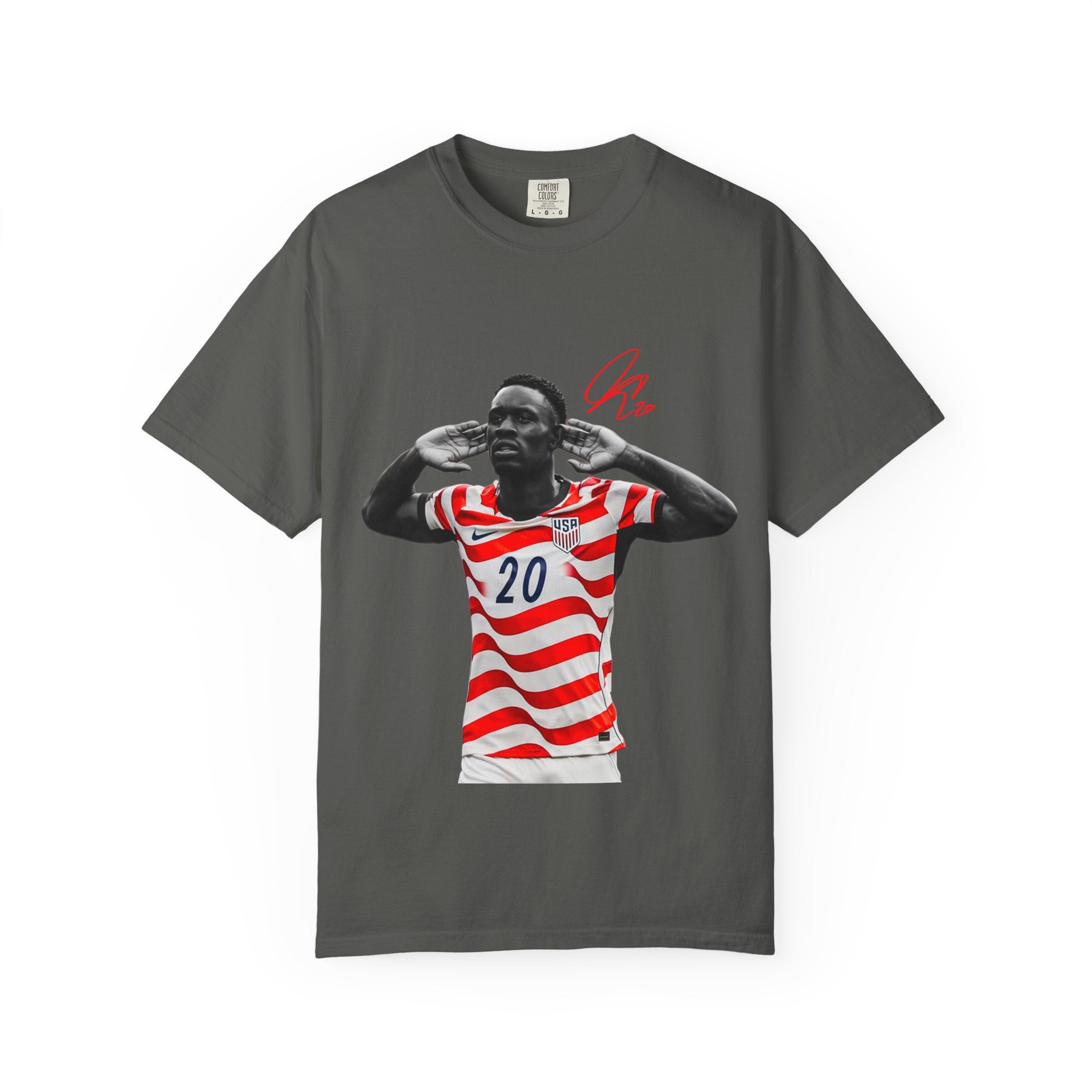 Soccer Celebration Tee — Striped Jersey Player Graphic