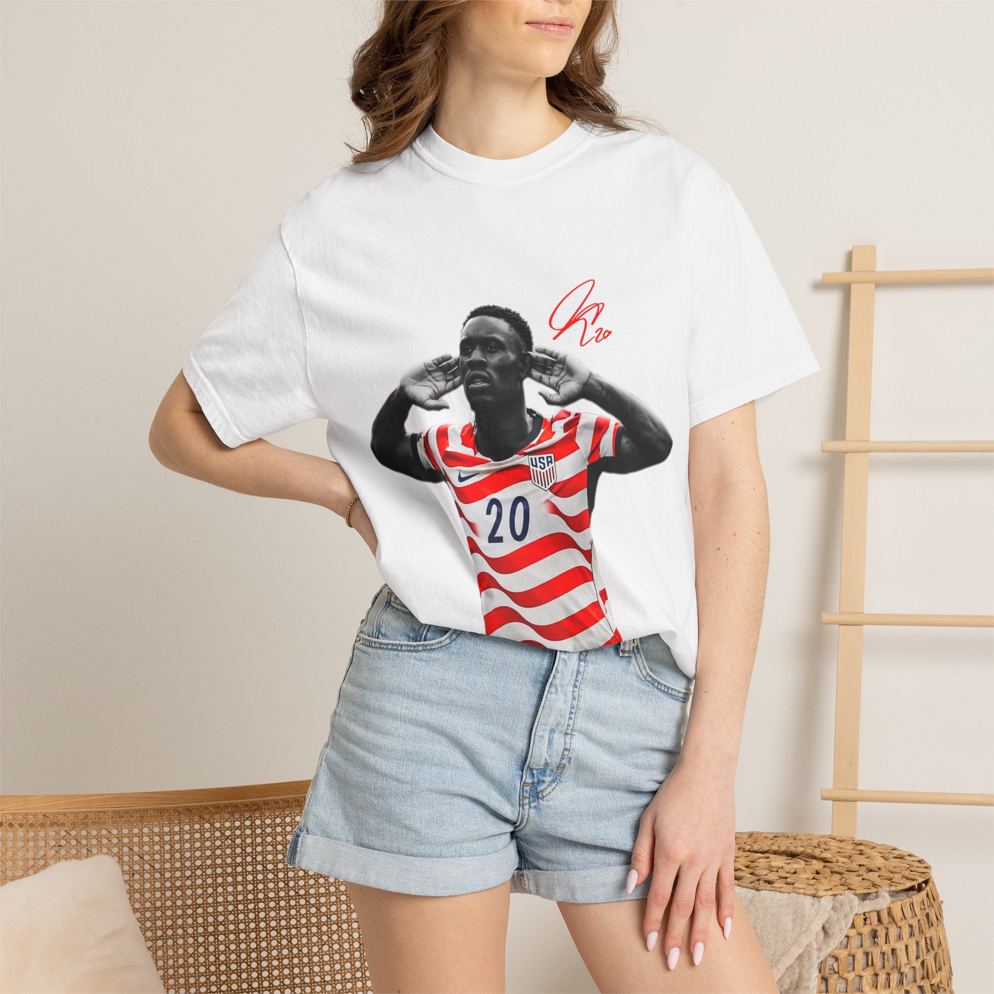 Soccer Celebration Tee — Striped Jersey Player Graphic