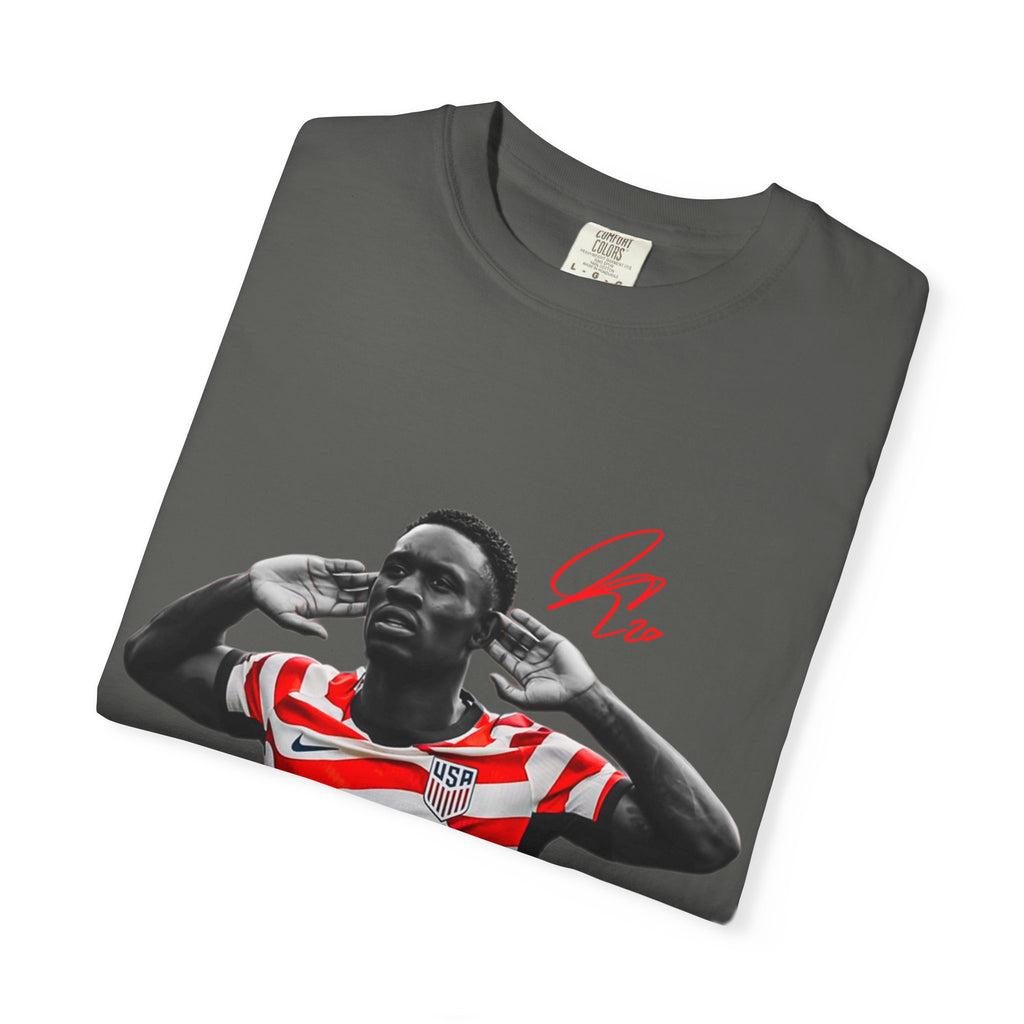 Soccer Celebration Tee — Striped Jersey Player Graphic