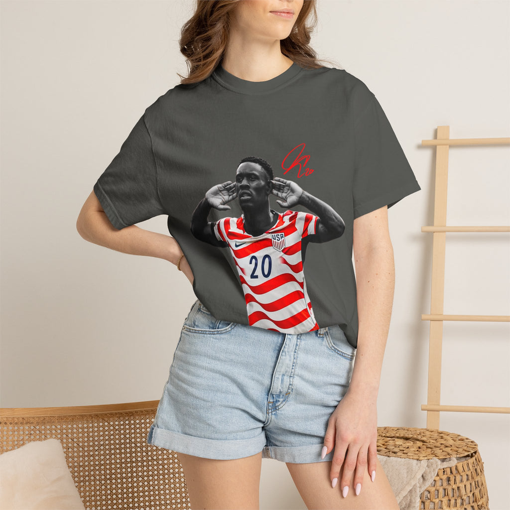 Soccer Celebration Tee — Striped Jersey Player Graphic